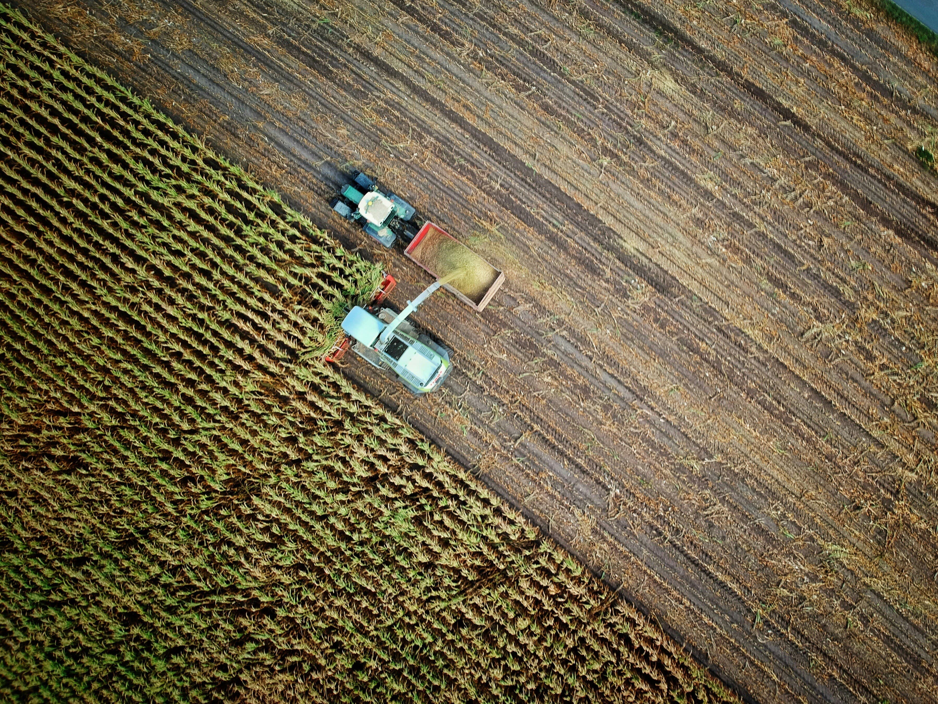 Aerial view of a harvester working a field, applying decades of silicon expertise to modern agriculture