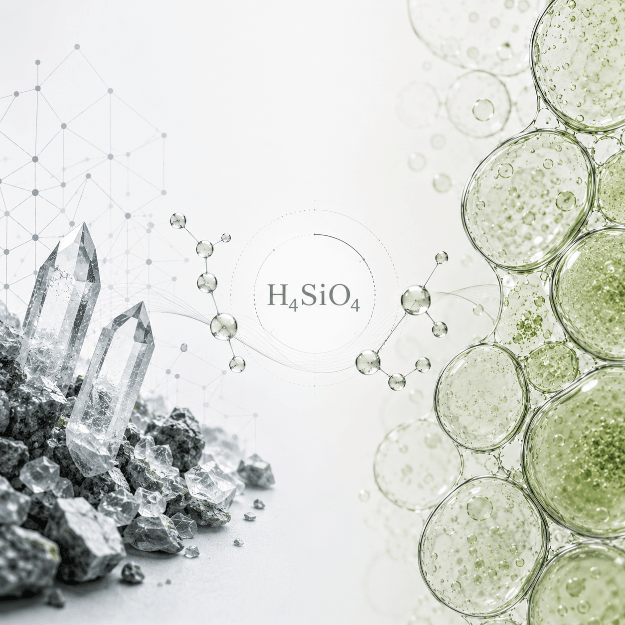 Silicon mineral crystals transforming through orthosilicic acid (H₄SiO₄) into living biological cells